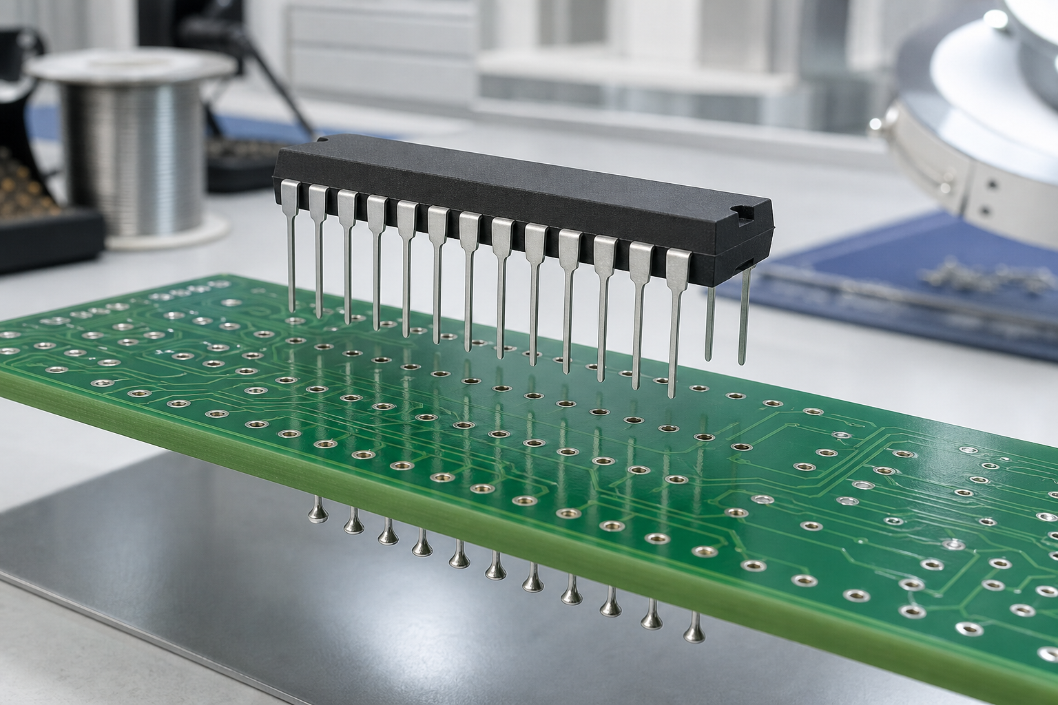 DIP部品のリードをプリント基板のスルーホールへ挿入する工程
