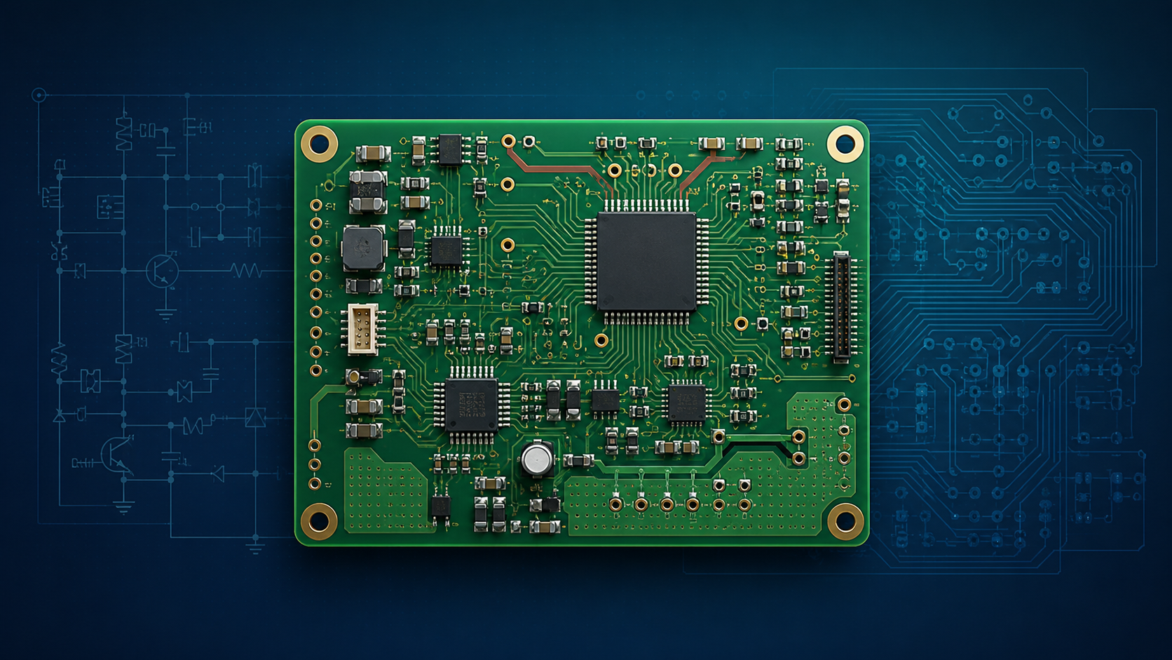 回路図とプリント基板で表現したPCB設計のイメージ