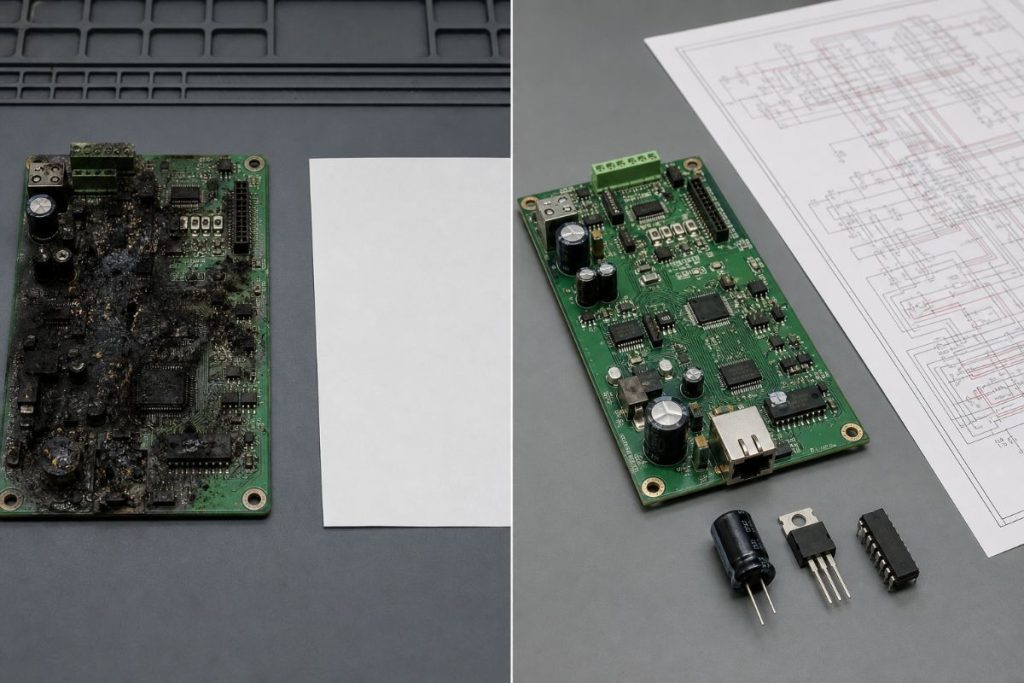 焼損した電子基板と再製作した基板のイメージ