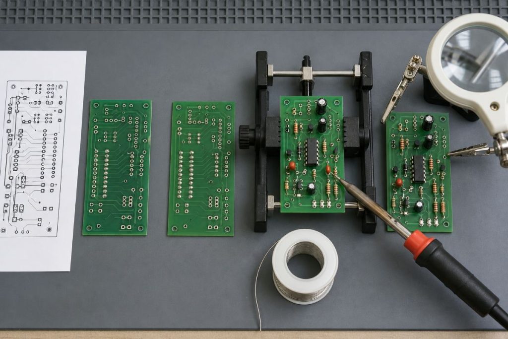 手はんだで基板を実装している作業のイメージ
