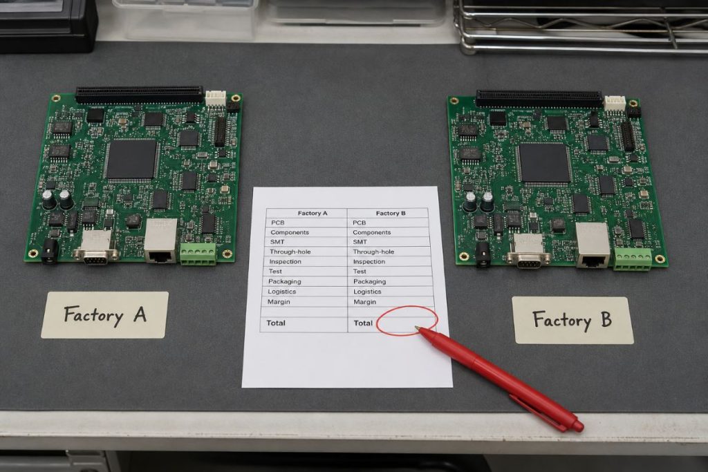 製造工場ごとの費用を比べるイメージ